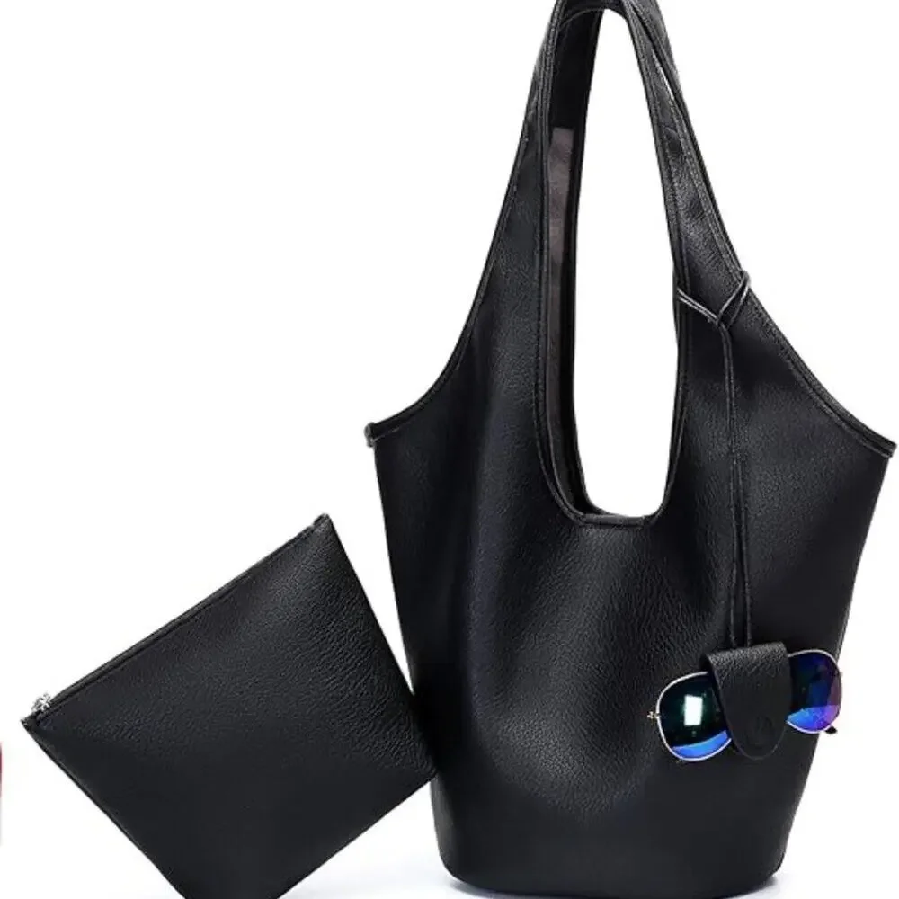 Women Slouchy Hobo Bag 2PCS Black Vegan Leather Large Capacity Shoulder Tote Bag - Picture 8 of 8